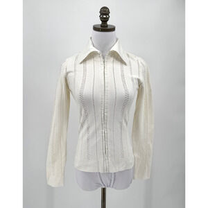 Rayure Paris Womens Ivory Pointelle Collared Full Zip Top